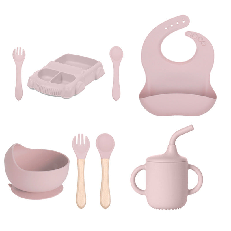 Factory new product baby silicone dinner plate large suction cup tableware set 8-piece set cartoon children's car silicone dinner plate
