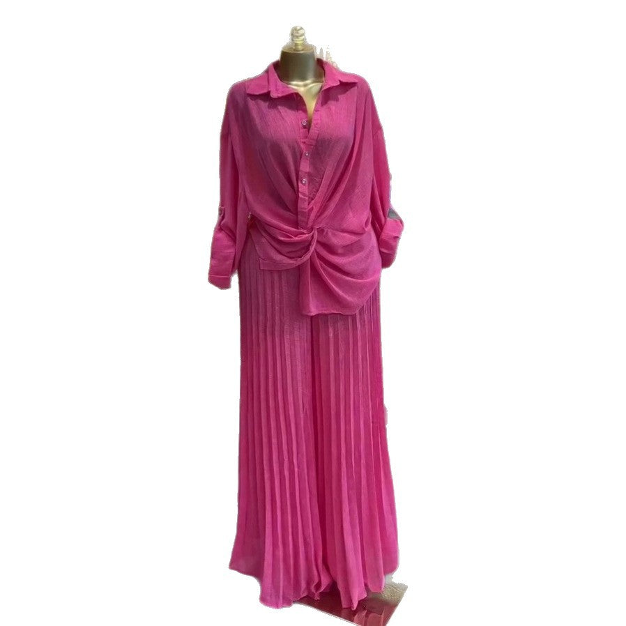 European and american cross-border women's clothing  summer new arrival: casual chic lapel long-sleeve blouse and pleated wide-leg pants set