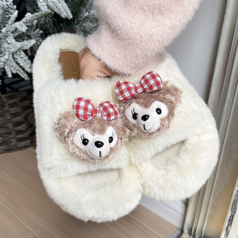 Cute cartoon fluffy slippers for women - new autumn/winter collection: thick-soled, comfortable, soft, and fuzzy one-strap cotton slippers