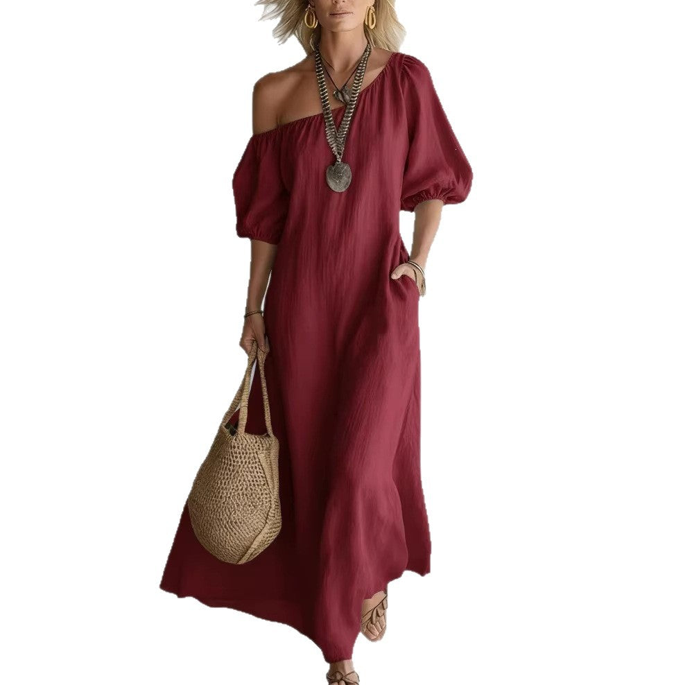 cross-border fashion summer women's solid color loose shoulder retrolong cotton and linen dress