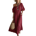 cross-border fashion summer women's solid color loose shoulder retrolong cotton and linen dress