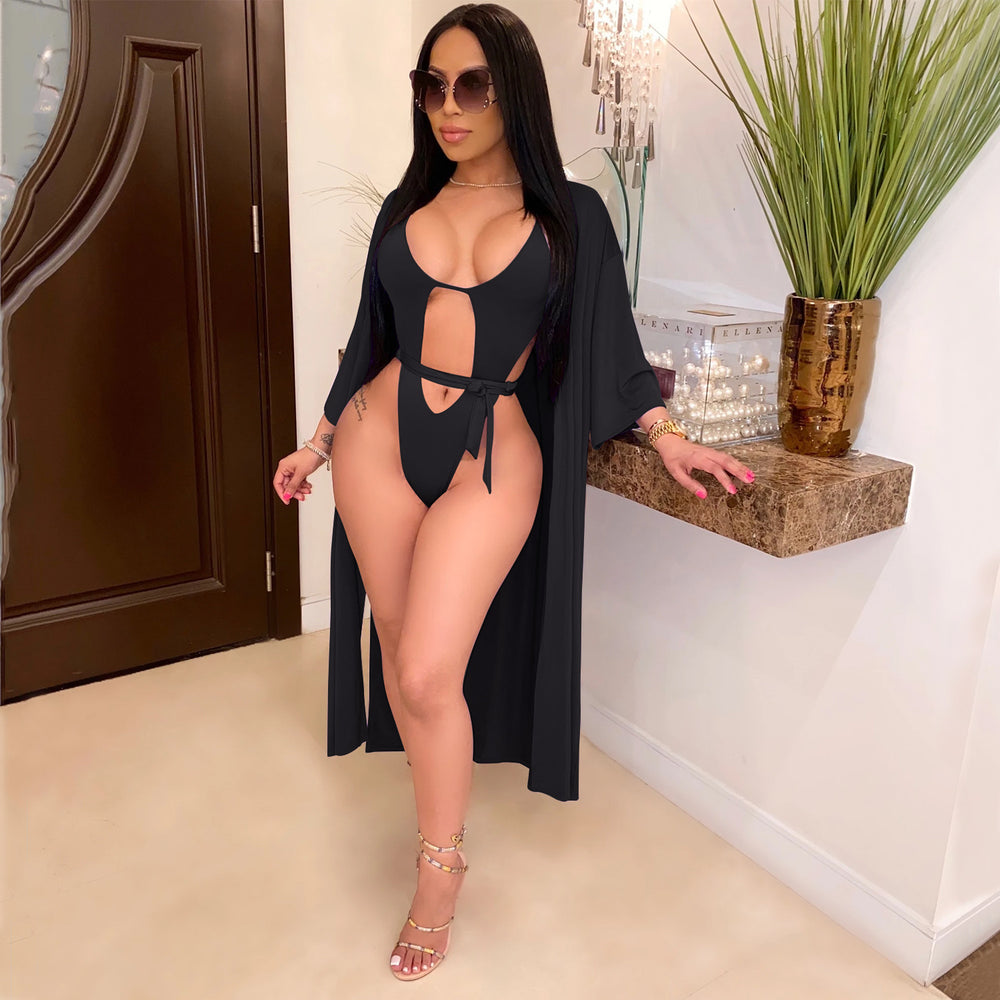 H3378 in stock special offer non-refundable and non-exchangeable european and american women's clothing pure colorsexy bikini one-piece swimsuit + jacket