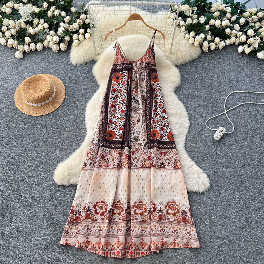 Bohemian print halter backless dress - women's summer vacation beach dress - slimming and flattering maxi dress