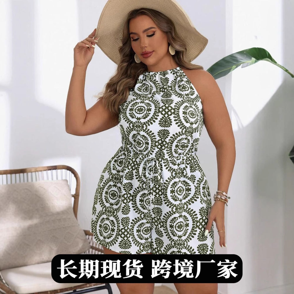 Ready-to-ship, plus-size women's jumpsuit for cross-border e-commerce. summer  european and american hot style: minimalist print, open-back design