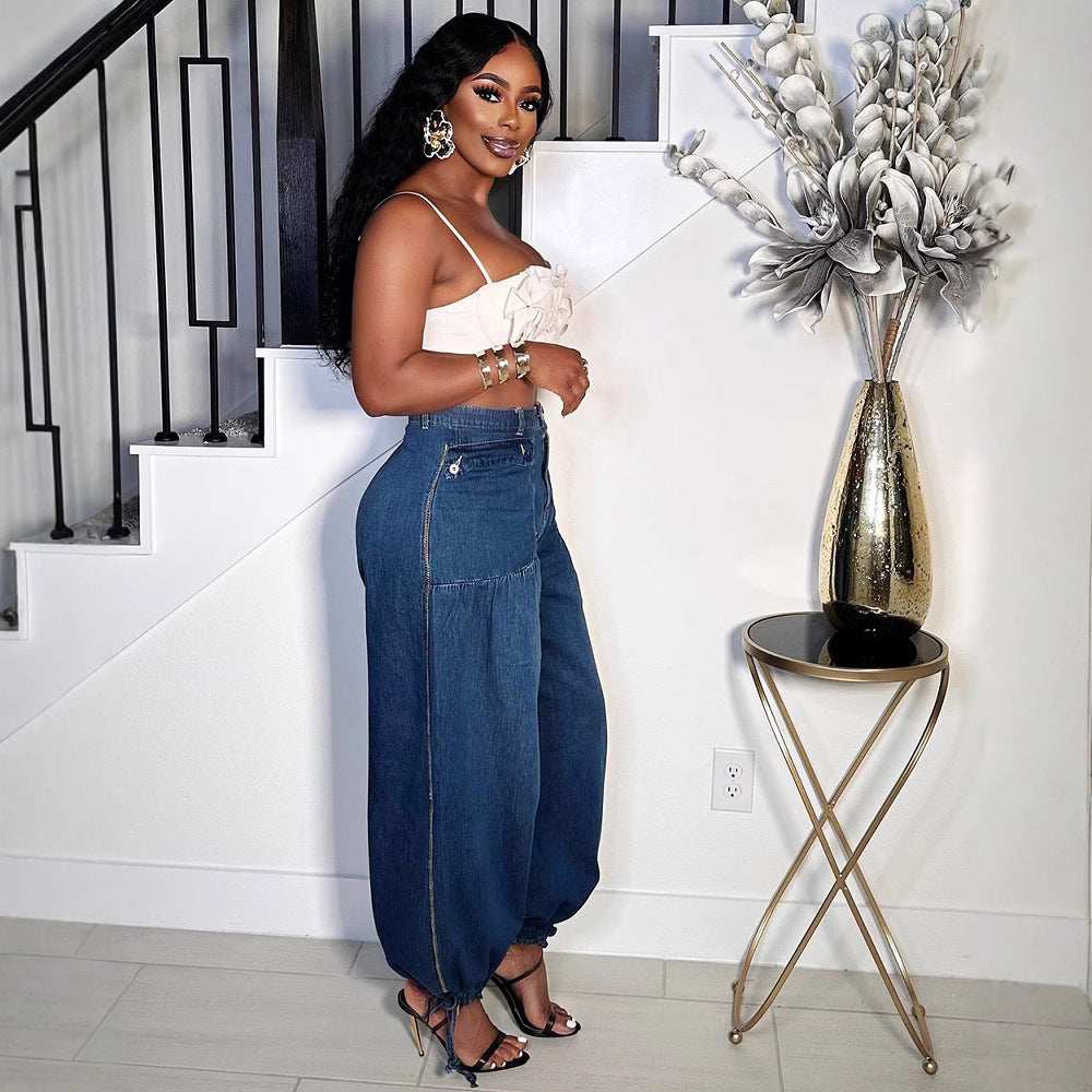 European and american style women's jeans -  cross-border fashion: versatile wide-leg casual pants with side zipper detail