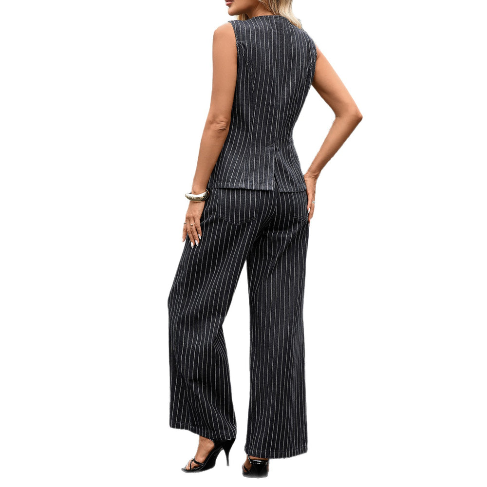 European and american cross-border e-commerce women's autumn new arrivals:  independent site washed casual striped sleeveless denim set