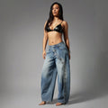 High street fashionjeans women's diagonal metal buckle loose pants gradient washed loosedraped denim moppants