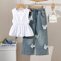 High-quality sleeveless, cinched-waist designer children's clothing set for cross-border e-commerce: includes a denim elastic-waist pants set