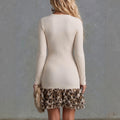 V neckknitting leopard printpatchworkdresslong sleevesilmruffles hemsexy women's shortdress