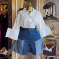 European and american cross-border women's fashion:  summer new arrival - stylish turn-down collar, unique design, versatile solid color blouse