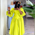 European and american women's clothing  spring new arrivals: sweet and fresh square neck lantern sleeve high waist slimming a-line maxi dress