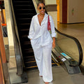 European and american cross-border women's fashion:  summer new arrival - stylish turn-down collar, loose-fit white long-sleeve shirt and wide-leg pants set