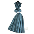 French style age-defying set for women: summer chic ruched waist sleeveless denim top with high-waisted midi skirt