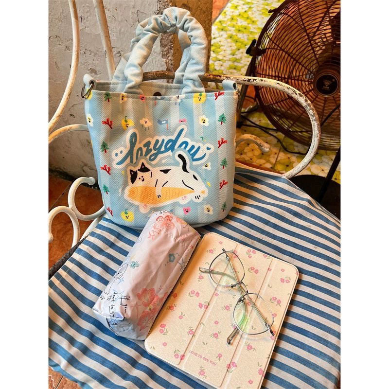 Niche style design japanese style canvas bag lazy cat student lunch satchel bag good-looking hand-held small shoulder bag