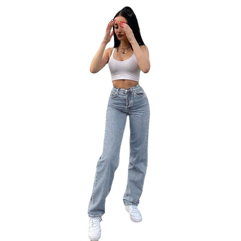 Self-built  fashion cross-border  new butterfly print light color mid-waist denim straight pants