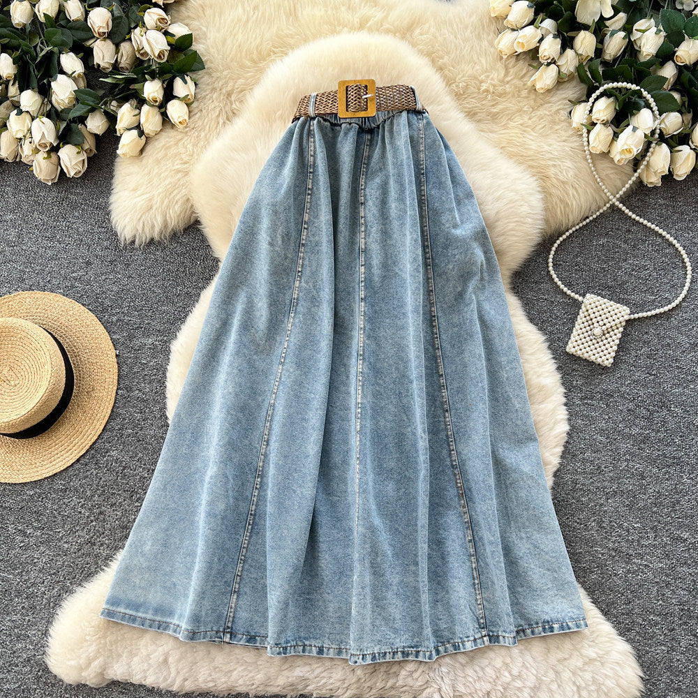 Retro style denim a-line woven belt skirt for women summerhigh waistslimming look medium longeasiest for match large skirt
