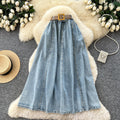 Retro style denim a-line woven belt skirt for women summerhigh waistslimming look medium longeasiest for match large skirt