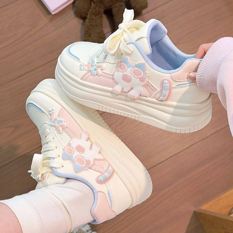 Simple pink women's shoes cute kitten white shoes women  spring and autumn new cartoon student thick solek-style sneakers