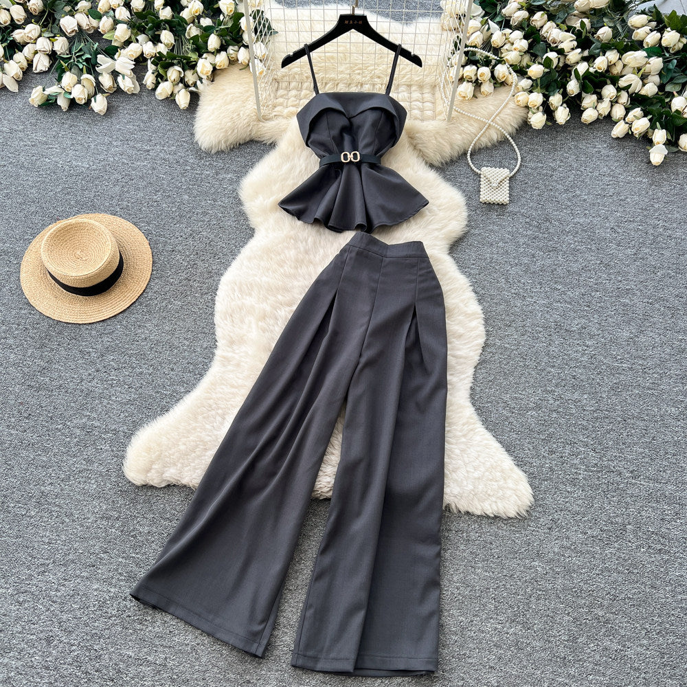 Minimalist style commuter set for women - spring/summer premium camisole & waist-cinching vest with high-waisted wide-leg pants (two-piece set)