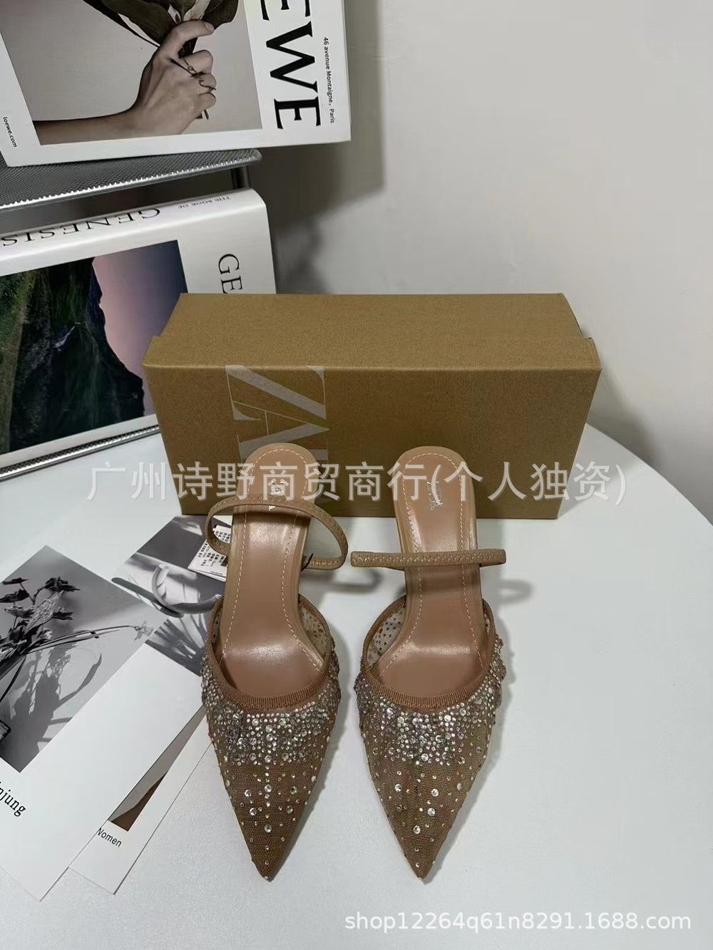 Summer new arrivals 2024: french pointed-toe high heels - mesh, rhinestone-embellished, low-cut, slingback, open-back stiletto sandals for women