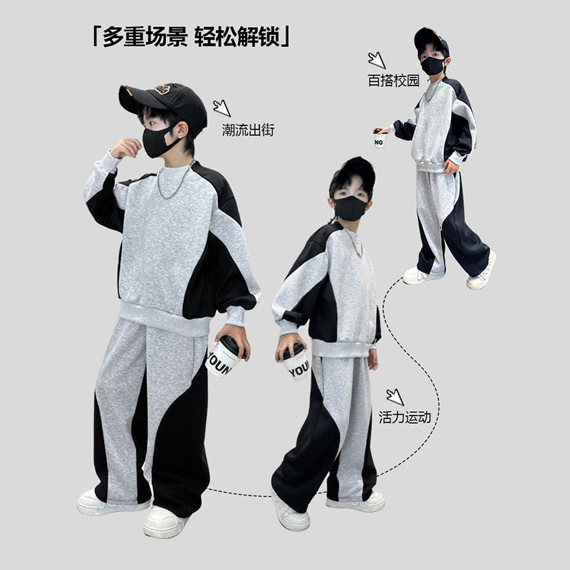 Boys' spring/autumn outfit set,  new collection, mid-to-large size, autumn boys' activewear, kids' color block sweatshirt, stylish