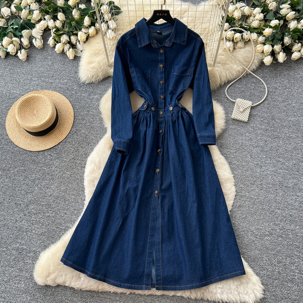 Commuting denim style lapel long sleevesdress women's summerk-style waist slimming look a-line skirt classyelegant skirt