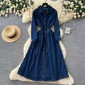 Commuting denim style lapel long sleevesdress women's summerk-style waist slimming look a-line skirt classyelegant skirt