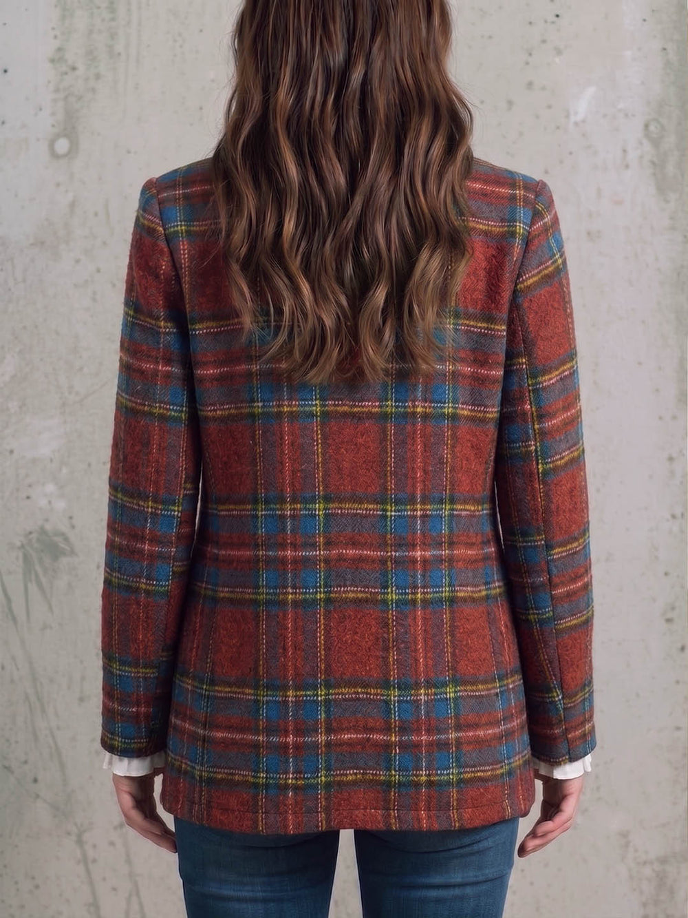 fashion cross-border retro red grids pattern suit outwear double row metal buckle lapel grids pattern woolenloose suit