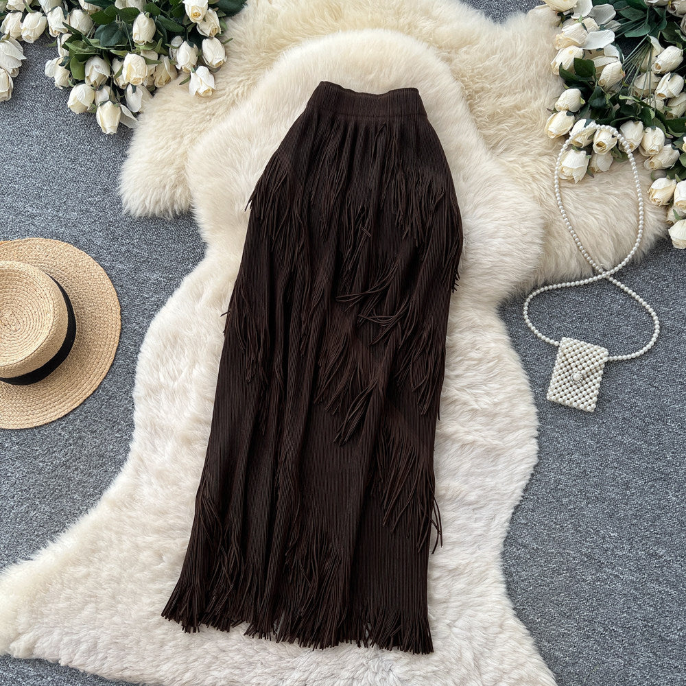 Korean style tassel trim a-line midi skirt - women's 2026 summer high-waisted commute chic tassel skirt