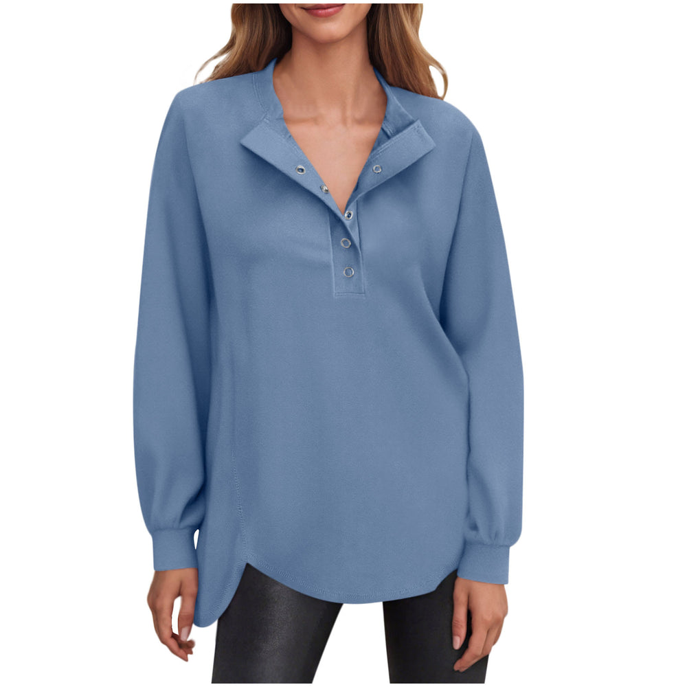cross-border women's fashion casual solid color crew neck button-down long sleeve top hoodless sweatshirt