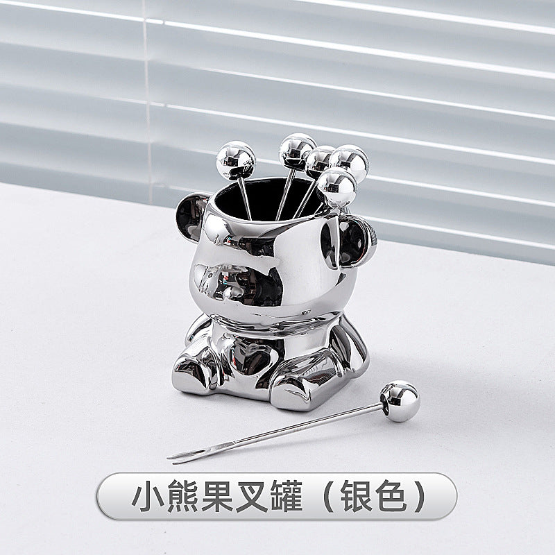Simple ins style bear stainless steel fruit fork set fruit pick household high-looking ceramic fruit fork jar wholesale