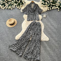 Leopard print vacation-ready two-piece set: summer chic, high-waisted wide-leg pants, effortlessly stylish and youthful