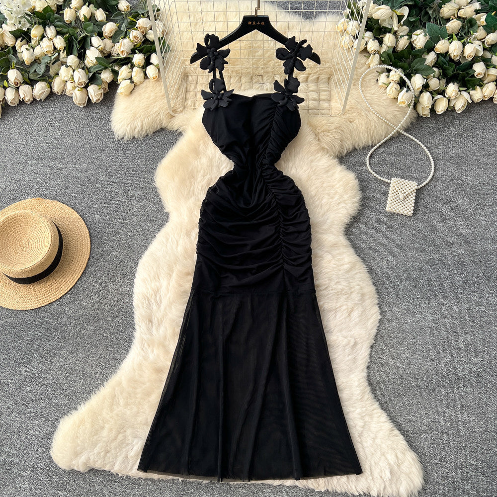 Pure desire style suspender pleated mesh sleeveless dress women's summer flower decoration waist slimmingelegant long dress