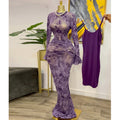 European and american cross-border women's fashion:  autumn new sexy purple print see-through bodycon dress with camisole two-piece set