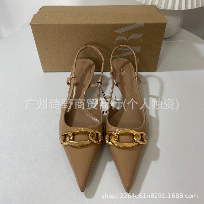 Za women's shoes 2024 summer new pointed toe stiletto heel pumps open back metal strap fashion women's shoes