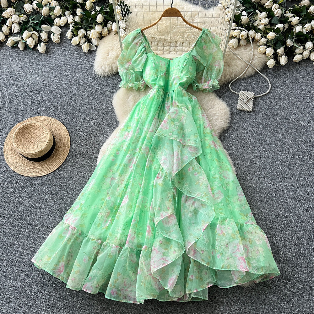 French fairy style puff sleeve floral dress women's summer korean style cinched waist ruffle hem vacation maxi dress - elegant