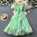 French fairy style puff sleeve floral dress women's summer korean style cinched waist ruffle hem vacation maxi dress - elegant