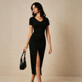 independent station fashionv neck short-sleeved dress single-breasted slit waist slimming lookelegant mid-length skirt