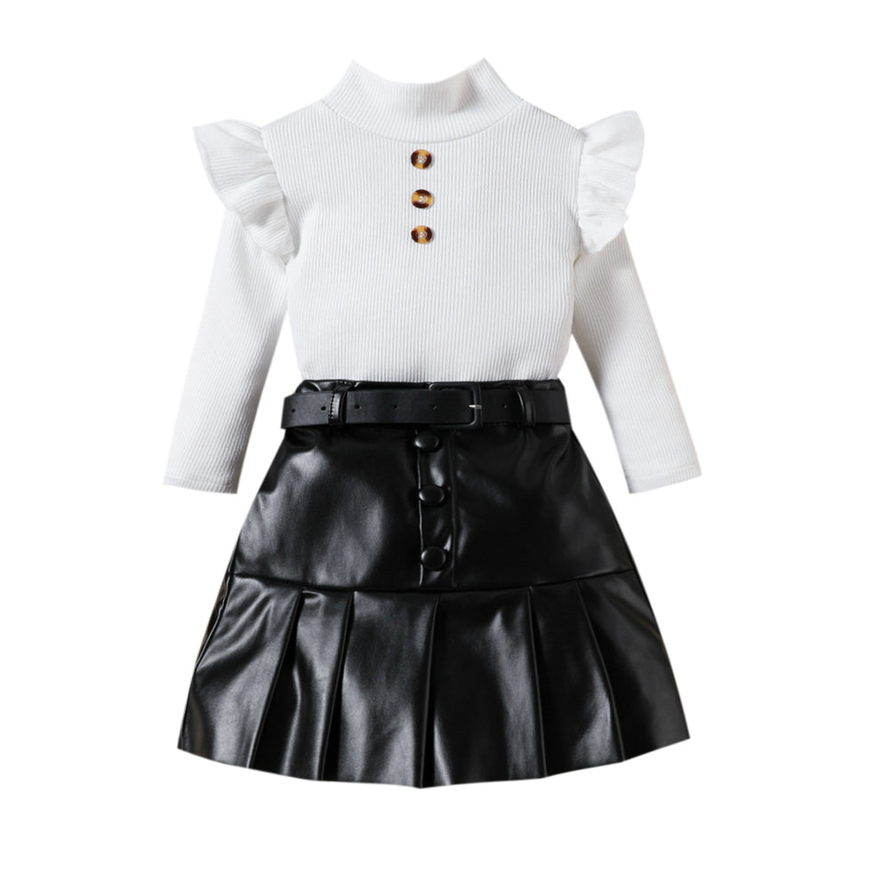 fashion girls' solid color high neck long sleeve top + pu leather pleated skirt + belt three-piece set