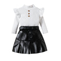 fashion girls' solid color high neck long sleeve top + pu leather pleated skirt + belt three-piece set