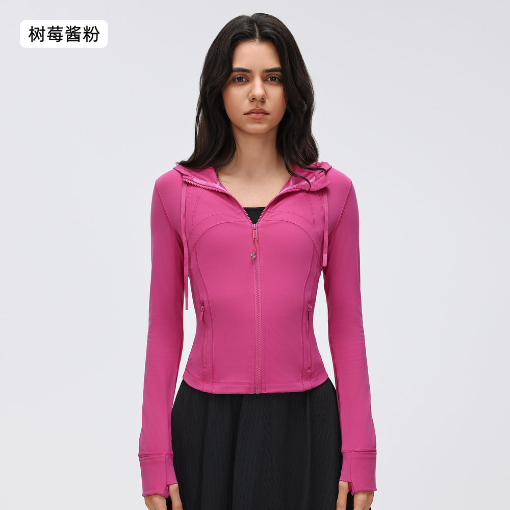 New women's windproof drawstring hooded yoga jacket - cropped, slim-fit, running & fitness jacket d25180