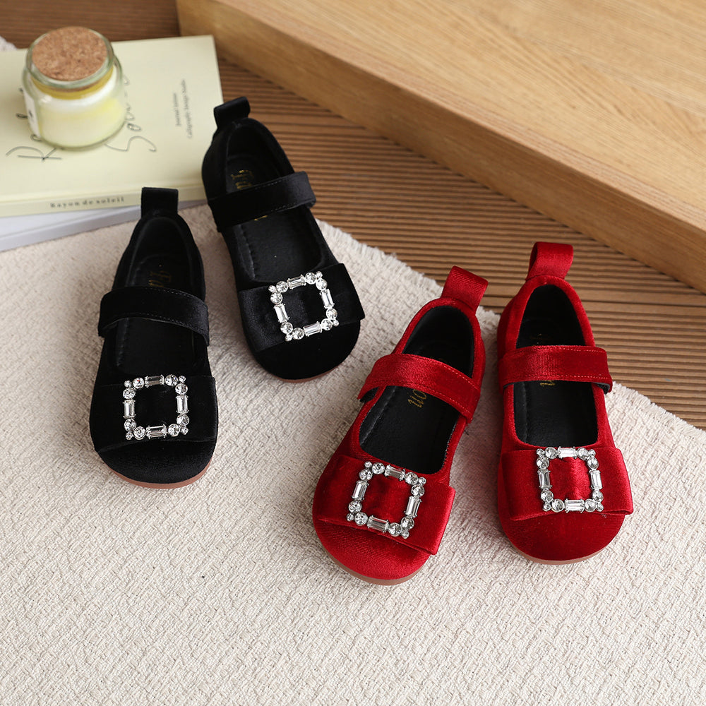 Vancahao girls' korean style princess shoes,  spring new collection, children's rhinestone square buckle loafers, soft sole single shoes