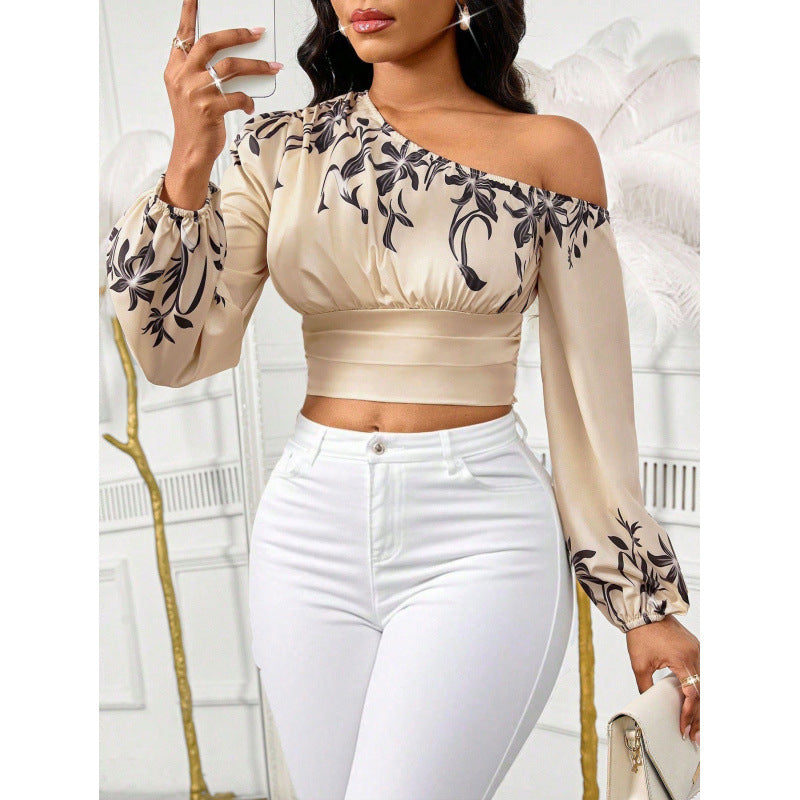 Women's printed one-shoulder top, cinched waist puff sleeve cropped crop top, perfect for dates, commuting, and everyday casual wear