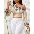 Women's printed one-shoulder top, cinched waist puff sleeve cropped crop top, perfect for dates, commuting, and everyday casual wear