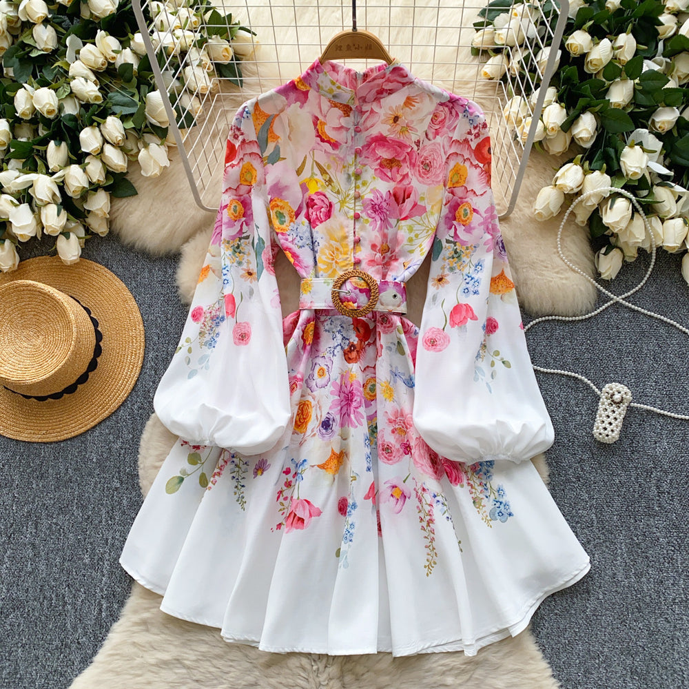 new resort style women's dress - french chic stand collar, single-breasted button, cinched waist, lantern sleeves, printed a-line dress
