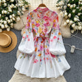 new resort style women's dress - french chic stand collar, single-breasted button, cinched waist, lantern sleeves, printed a-line dress