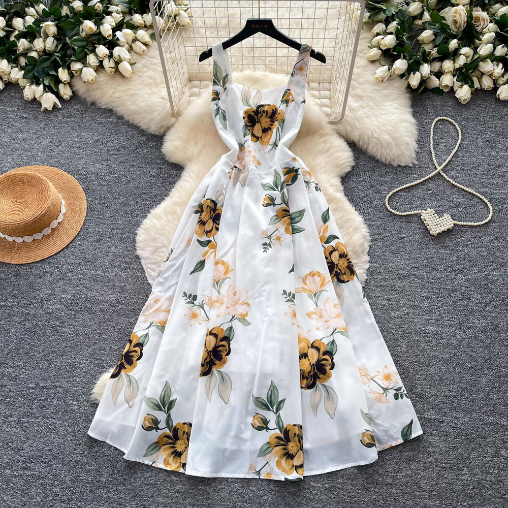 French riviera style printed cami dress - women's summer soft & chic white a-line dress - slim fit, figure-flattering, elegant maxi dress