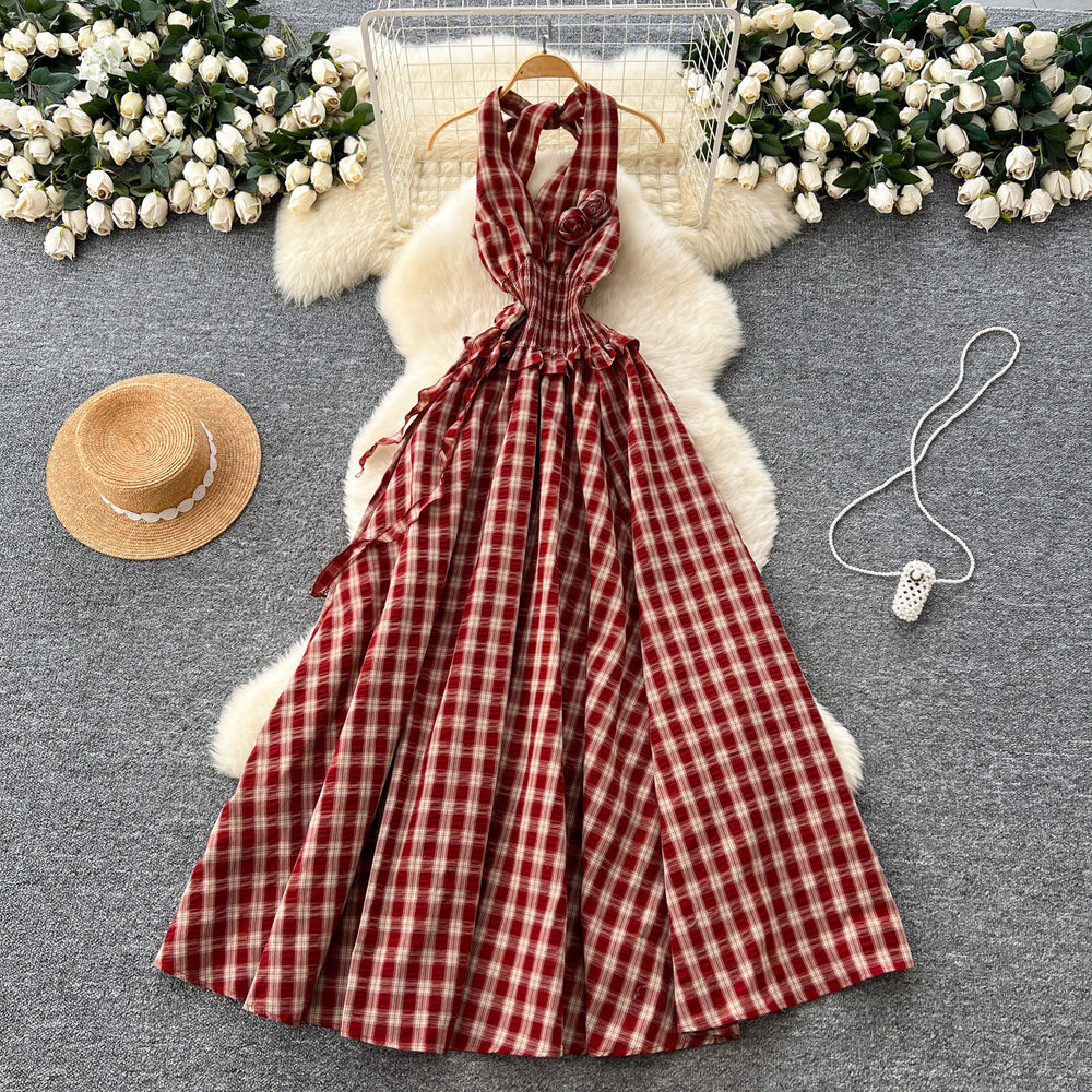 French chic fairycore dress - women's summer 3d floral halter neck cami dress with cinched waist and elegant flared plaid maxi skirt