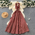 French chic fairycore dress - women's summer 3d floral halter neck cami dress with cinched waist and elegant flared plaid maxi skirt