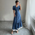 European and american   summer gentle first love style slim fit button-down waist-defining lace-trimmed maxi dress